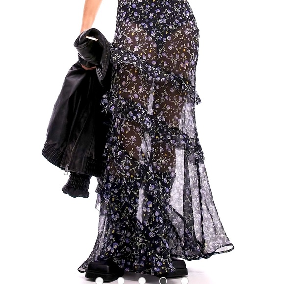Floral Sheer Maxi Skirt - Black and Purple - Picture 1 of 4